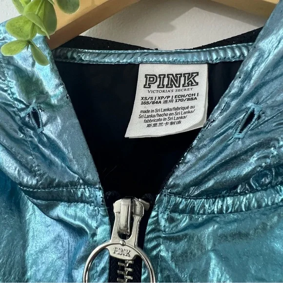 Victoria’s Secret PINK Jacket Anoeak Blue Metallic Windbreaker Hoodie - Picture 8 of 10